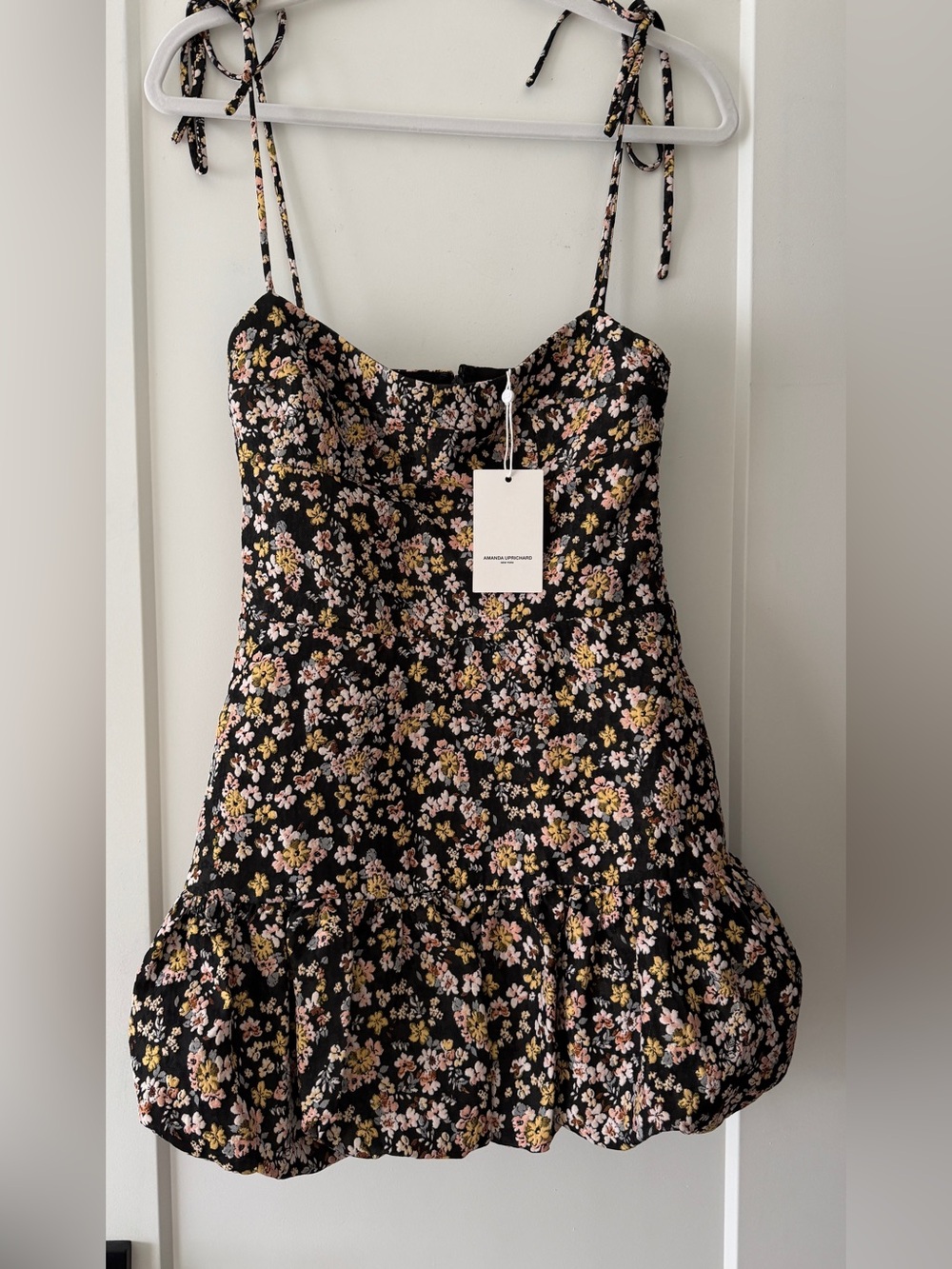 Amanda Uprichard Black Floral Tie-Strap Mini Dress with Pink & Yellow Blooms